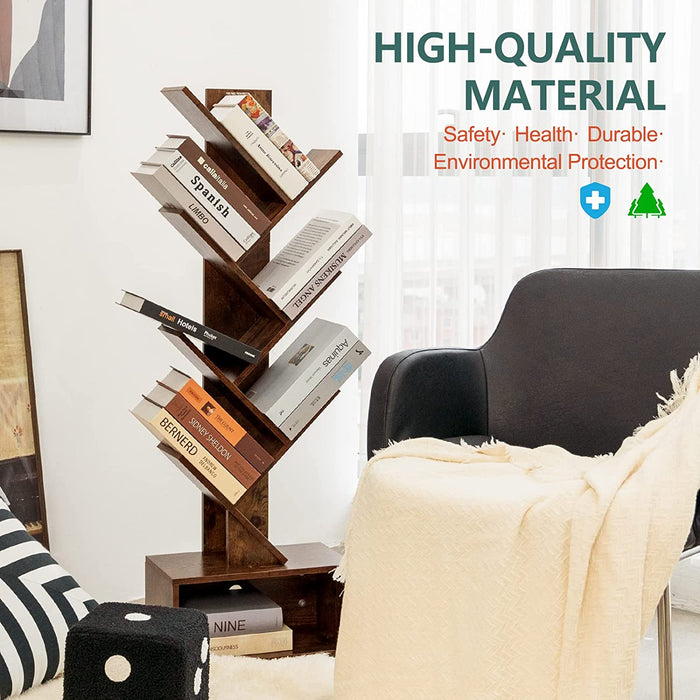 Tree Bookshelf - 6 Shelf Retro Floor Standing Bookcase, Tall Wood Book Storage Rack for Cds/Movies/Books, Utility Book Organizer Shelves for Bedroom, Living Room, Home Office, Rustic Brown