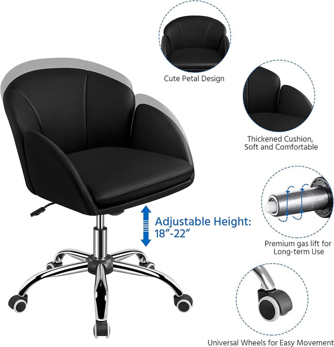 Cute Petal Desk Chair Home Office Swivel Upholstered Leather Makeup Vanity Desk Chair with Armrests for Bedroom Modern Computer Rolling Chair for Women Black