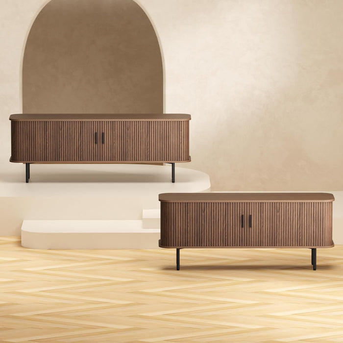 55" Mid Century Modern Fluted TV Stand for Tvs up to 65 Inch, Gaming Entertainment Center with Tambour Slatted Sliding Doors, Media TV Consoles Table for Living Room, Walnut