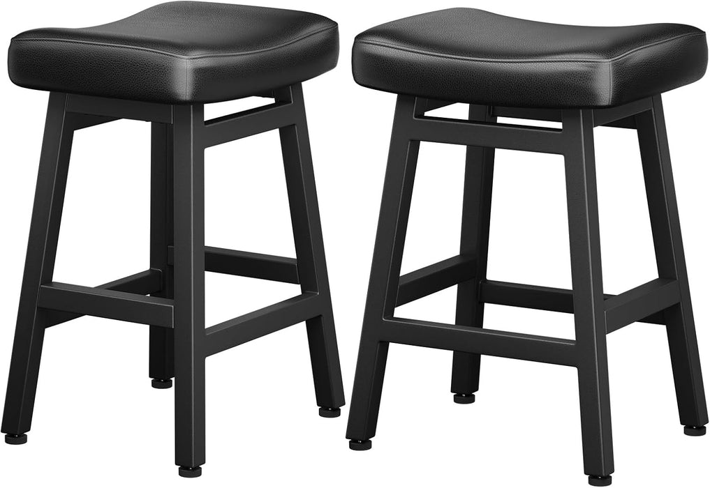 24 Inche Bonded Leather Counter Height Bar Stools Set of 2 Curved | Barstools with Curved Bonded Leather Seats & Heavy Duty Metal Legs for Kitchen Counter, Easy Assembly, All Black