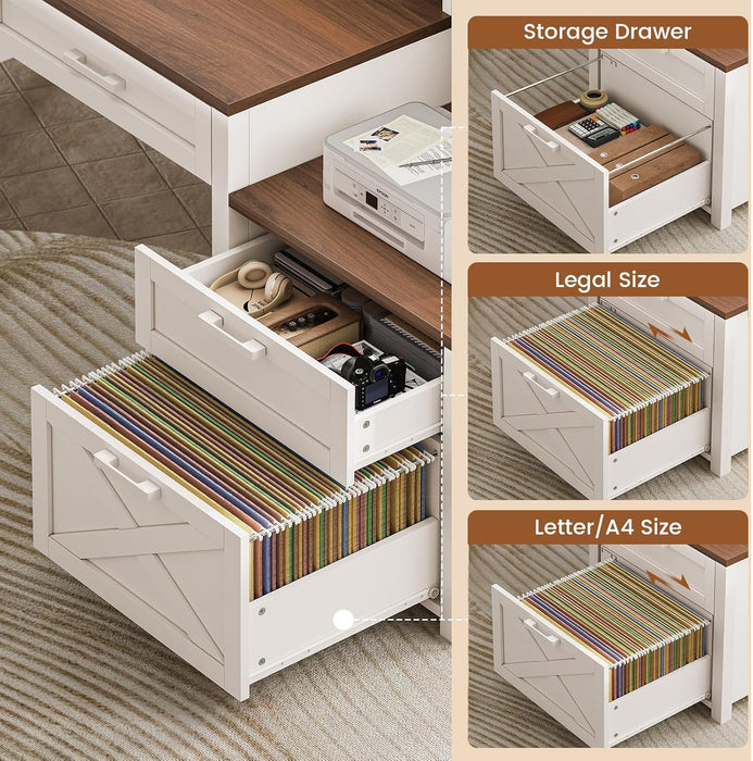 Farmhouse Home Office Desk with File Drawer & Power Outlet, Computer Desk with 4 Drawer, Storage Shelves, Printer Cabinet and Monitor Shelf, Gaming Desk with Led Lights, White Brown