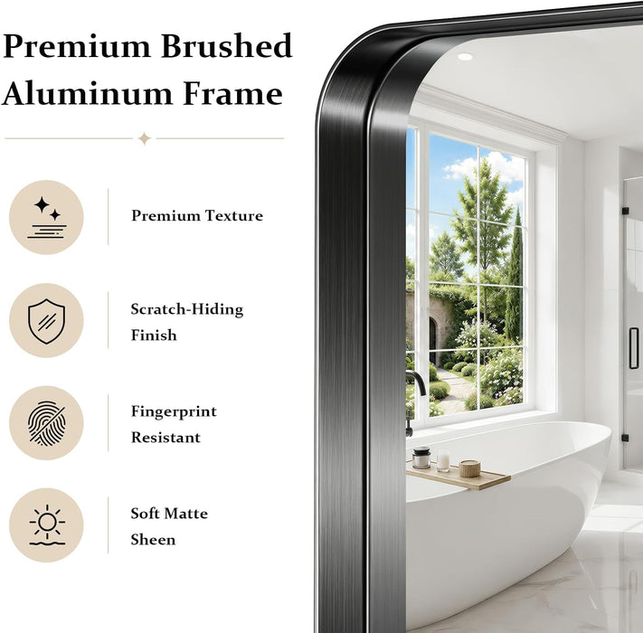 36X55 Inch Black Bathroom Mirror Metal Framed, HD Tempered Glass
