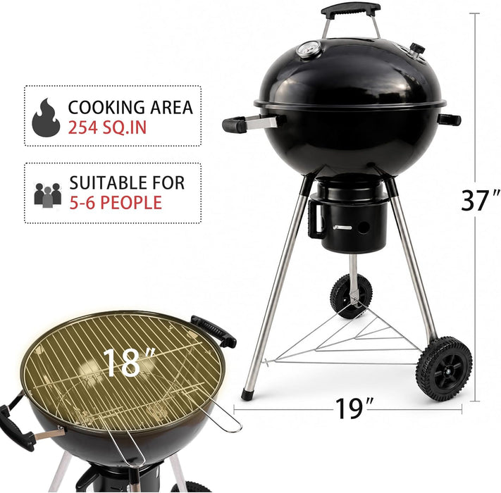 18-Inch Kettle Charcoal Grill with Lid & Wheels,Easy-To-Use BBQ Grill for Backyard, Patio & Beginners Outdoor Charcoal Grills for Family Cooking with Windproof Ash Can