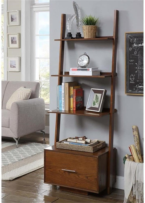 3 Tier American Heritage Ladder Bookcase with File Drawer, Dark Walnut