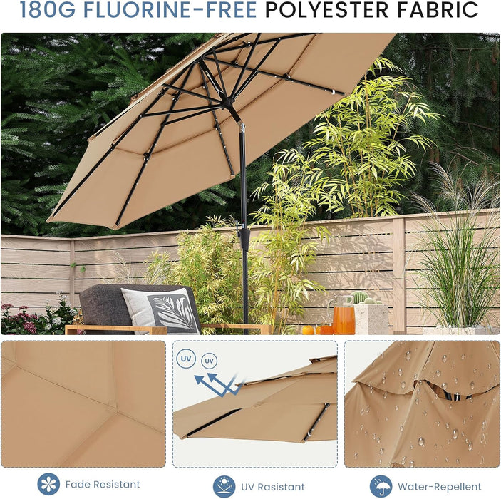 Outdoor Solar Patio Umbrella 3 Tiers with 32 LED Lights, Beach Market Table Umbrella with Crank and 8 Sturdy Ribs for Pool, Terrace, Restaurant