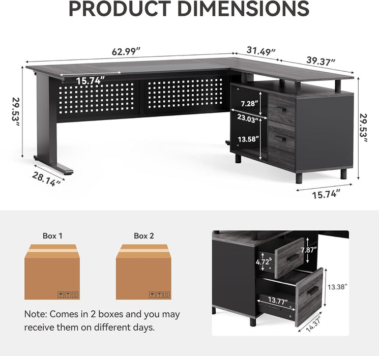 Large Computer Desk with File Cabinet, 63 Inch Executive Desk L Shaped Office Desk with Drawers and Storage Shelves, Business Furniture Desk Workstation for Home Office