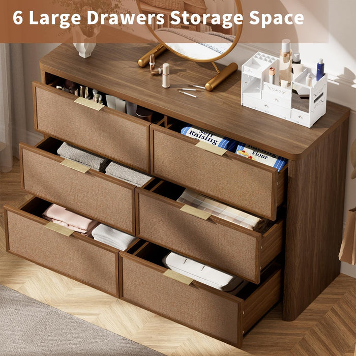 Rattan 6 Drawer Dresser for Bedroom,47.2" Wide,Walnut,Modern Chest of Drawers with 6 Large Storage Space and Curved Edge Design, 6 Drawer Large Dresser for Bedroom