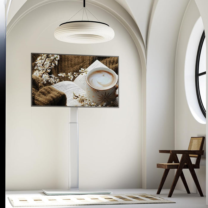 Universal Floor TV Stand with Mount 70 Degree Swivel 9 Level Height Adjustable and Space Saving Design for Most 27 to 65 Inch LCD, LED OLED Tvs, Perfect for Corner & Bedroom White AX1006TW