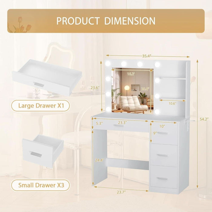 Vanity Desk with LED Lighted Mirror&Power Outlet, Makeup Vanity Table with 4 Drawers, 3 Open Storage Shelves, and 3 Color Modes, for Bedroom (Pure White)
