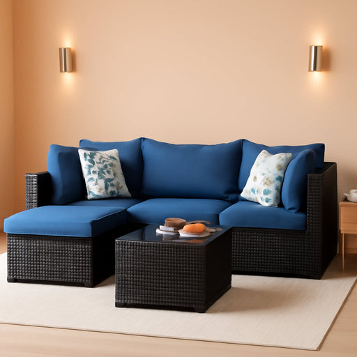 Patio Furniture Set, 5PCS Outdoor Sectional W/ Ottoman & Cushion, Navy Blue