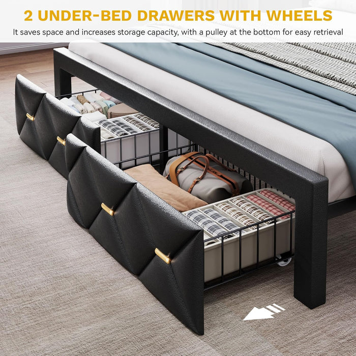 Queen Size Bed Frame with 2 Storage Drawers and Storage Headboard, Upholstered Platform with Charging Station and LED Light, No Box Spring Needed, Noise Free, Easy Assembly, PU Leather Black