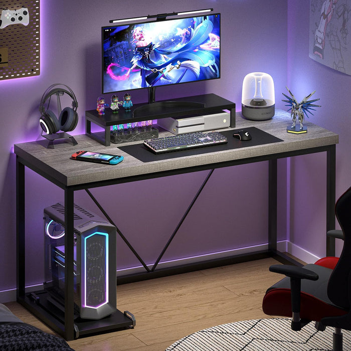 Modern Home Office Desk, Industrial Vintage Computer Desk, Rustic Wood and Metal Study Writing Table, Simple Work Gaming PC Desks for Bedroom Living Room, Light Grey 53 Inch