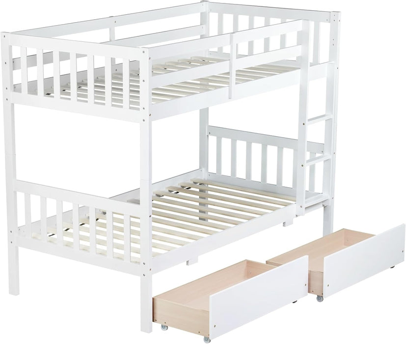 Twin over Twin Wood Bunk Bed with 2 Drawers for Girls,Boys,Convertible into 2 Beds,Wood Bunk Bed with Ladder and Safety Guardrails,No Box Spring Needed, White