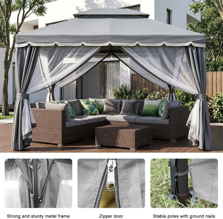 10X13 FT Gazebo with Mosquito Netting, Metal Frame Canopy Shelter, Gray | Double Soft Roofs Backyard, Garden, Deck, Patio, Party Events Mesh Netting and Privacy Screen Sun-Proof and Water-Proof
