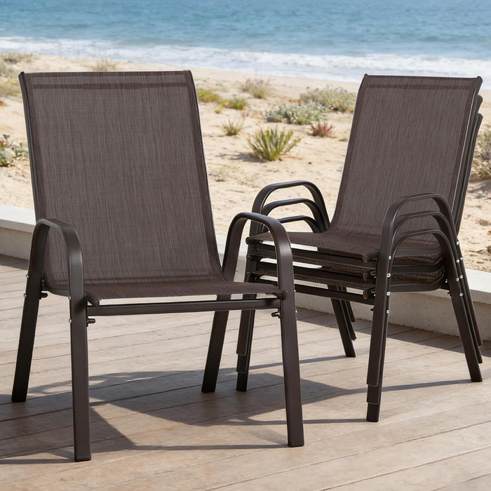 24.4" Wide Outdoor Patio Stackable Chairs Set of 4, Brown
