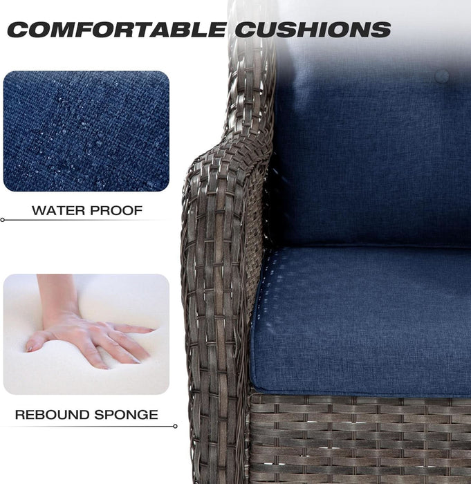 Patio Furniture Set 5-Piece Wicker Outdoor Furniture Conversational Set with 3-Seat Sofa, 2 Armchairs, 2 Ottoman Patio Rattan Wicker Sectional Sofa Set with Olefin Cushions(Mixed Grey/Blue)