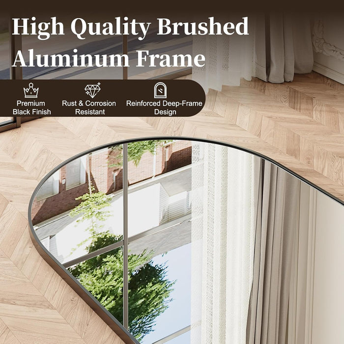 76"X35" Arched Full Length Mirror, Brushed Black Aluminum Frame Floor Mirror with Stand, HD Shatterproof Glass & Rust-Proof Body Mirror for Bedroom, Living Room, Bathroom, Entryway