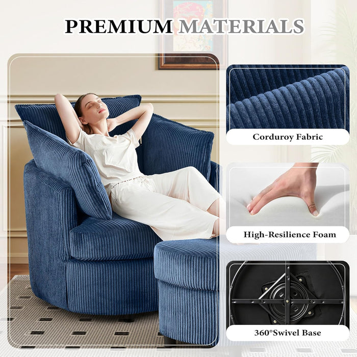 Swivel Accent Chair,Comfy Reading Chairs for Bedroom,Modern Corduroy Arm Chair with Ottoman,360°Swivel Barrel Chairs for Living Room,Apartment (Blue, 1)