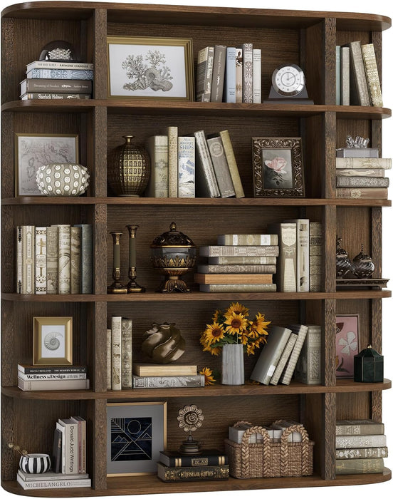 5-Tier Wood Book Shelf, 47" Wide Large Bookshelf and Bookcase, 62" Tall Bookshelf with Curved Side Shelves, Freestanding Wood Display Book Shelves for Living Room, Home Office, Walnut