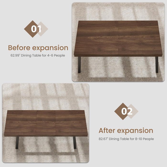 63-83" Extendable Dining Table, Industrial Rectangular Dining Room Table for 6-8 People, Expandable Kitchen Table with Heavy Duty Metal Frame for Dining Room, Kitchen & Parties, Brown