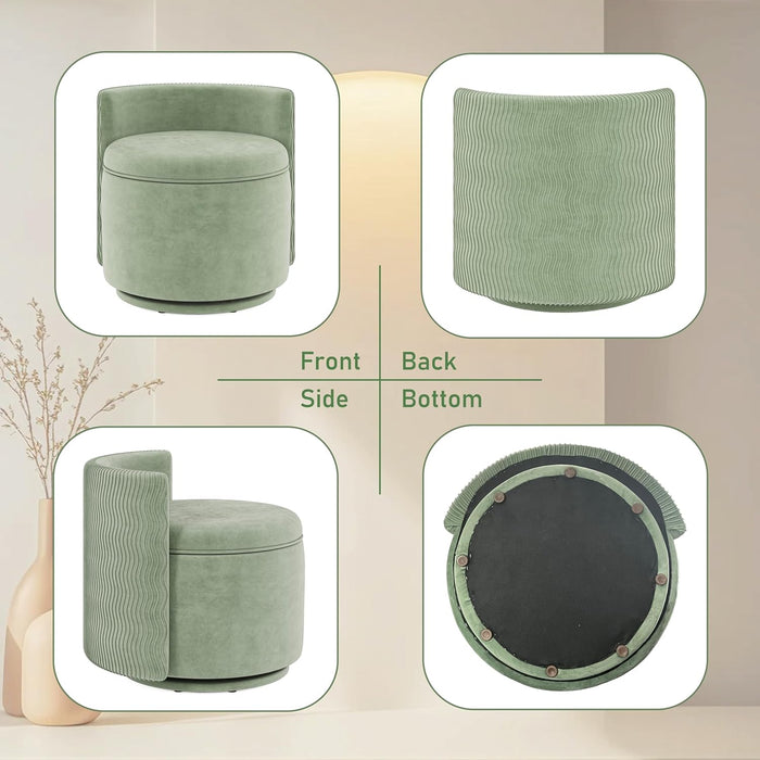 360° Swivel Accent Chair with Storage, Vanity Stool with Back, Velvet Storage Ottoman, Upholstered round Barrel Vanity Chair for Living Room, Makeup Room, Bedroom (Green)