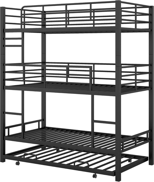 Metal Twin Size Triple Bunk Bed with Trundle for 4, Bunk Beds with 2 Ladders & Guardrails, Convertible to 3 Separate Beds for Kids Teens, Space-Saving, Black