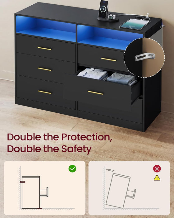 Dresser for Bedroom, with LED Lights and Power Strip, 6 Drawers