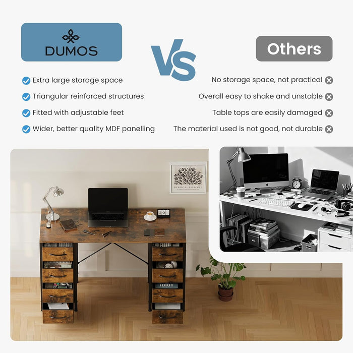 47 Inch Computer Desk with 8 Fabric Drawers, Office Gaming Desk with Storage, Writing Study Table with X-Shaped Reinforced Structure, Dark Brown