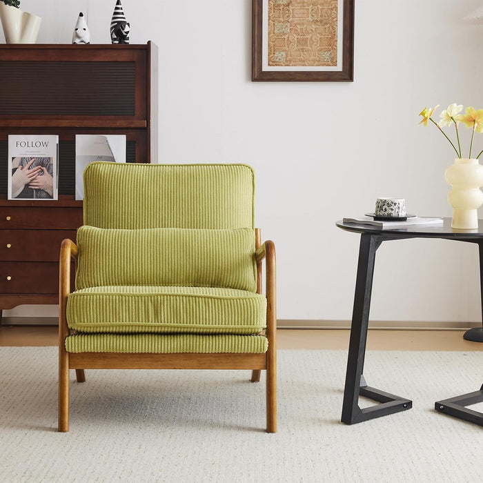 Upgraded Premium Corduroy Accent Chair,Upholstered Arm Chair,Solid Wood Comfy Reading Chair with Lumbar Pillow, Mid Century Modern Chairs for Living Room,Bedroom,Guest Room,Green
