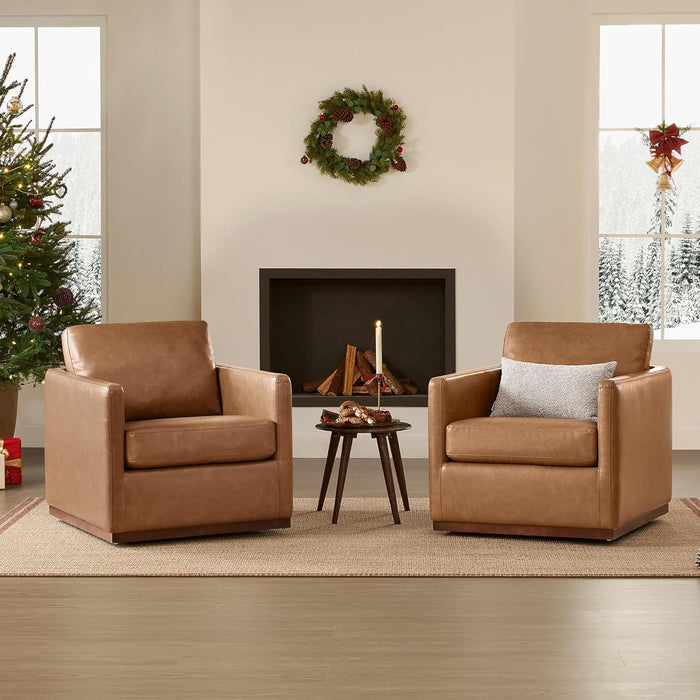 Genuine Leather Swivel Accent Chair, FSC Certified Mid Century Modern Arm Chair for Living Room and Bedroom, Fully Assembled, Saddle