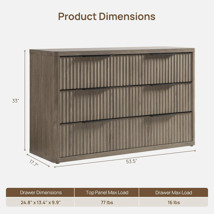 Bedroom Dresser with 6 Deep Wide Large Fluted Drawers for Closet