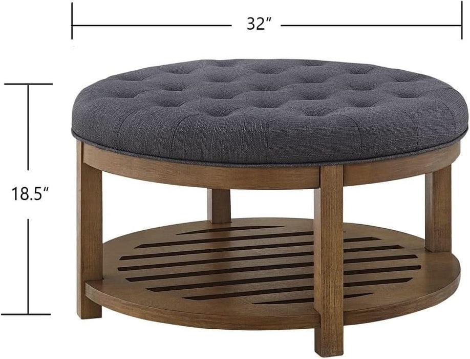 Large round Upholstered Tufted Linen Ottoman Coffee Table, Large Footrest Ottoman with Wood Shelf Storage-Charcoal