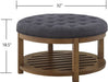 Large round Upholstered Tufted Linen Ottoman Coffee Table, Large Footrest Ottoman with Wood Shelf Storage-Charcoal