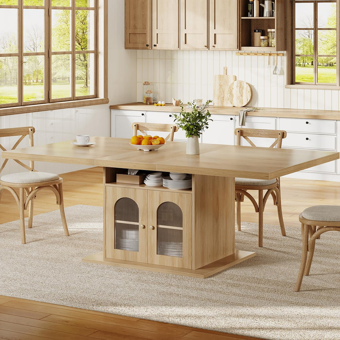 Dining Table for 4–6, 63 Inch Wood Farmhouse Kitchen Table with 3-Tier Storage Shelf and Acrylic Door Cabinet, Rectangular Modern Dining Room Dinner Table for Apartment Home Small Space, Light Oak