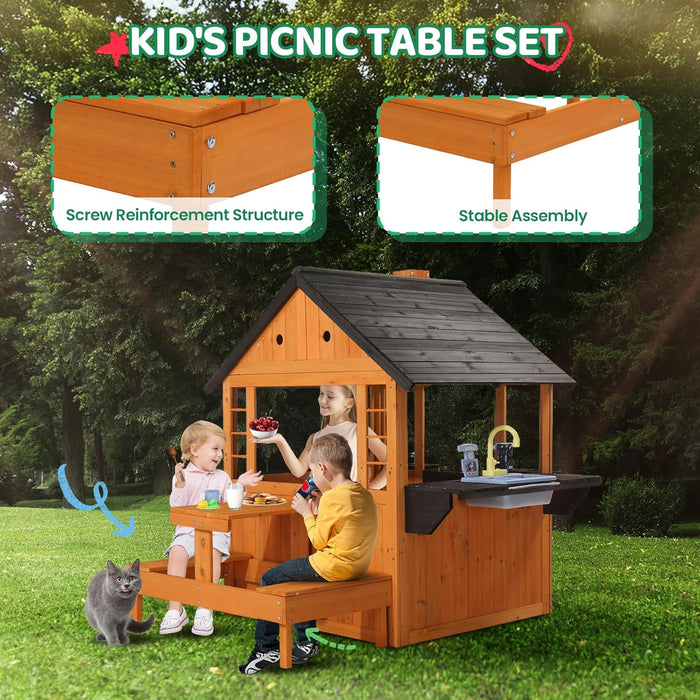 Kids Outdoor Playhouse with Sink Toys, Picnic Table, Mailbox, Spacious Wooden Toddler Playhouse for Backyard Kids 3-8Y DIY Room with Flowerpot Holders, Plastic Basin (Light Brown)