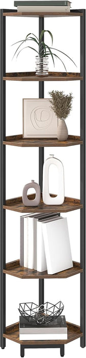 Corner Shelf Stand, Corner Bookshelf, Storage Standing Shelf Unit with Metal Frame, Plant Stand, Corner Bookcase for Living Room, Home Office, Bedroom, 6-Tier Rustic Brown CS06001B