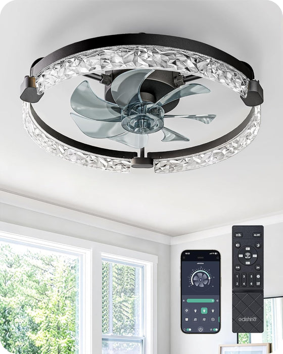 Ceiling Fans with Lights and Remote, 20'' Low Profile Ceiling Fan, 3000-6000K Dimmable, 6 Speeds LED Modern Flush Mount Fan Light, DC Motor, APP Control, Black Fandelier for Bedroom, Kitchen