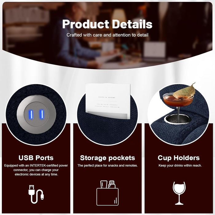 Loveseat Recliner Sofa, 2 Seater Minimalist Style Fabric Manual Pull Tab Reclining Loveseat with USB Charge Ports, Cup Holders, Recliner Love Seat Couches for Living Room, RV, Blue