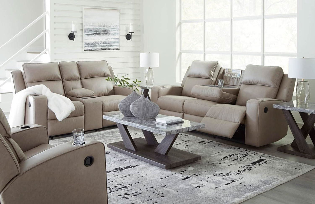 Lavenhorne Contemporary Faux Leather Manual Reclining Sofa with Drop down Table, Cup Holders and USB Ports, Beige