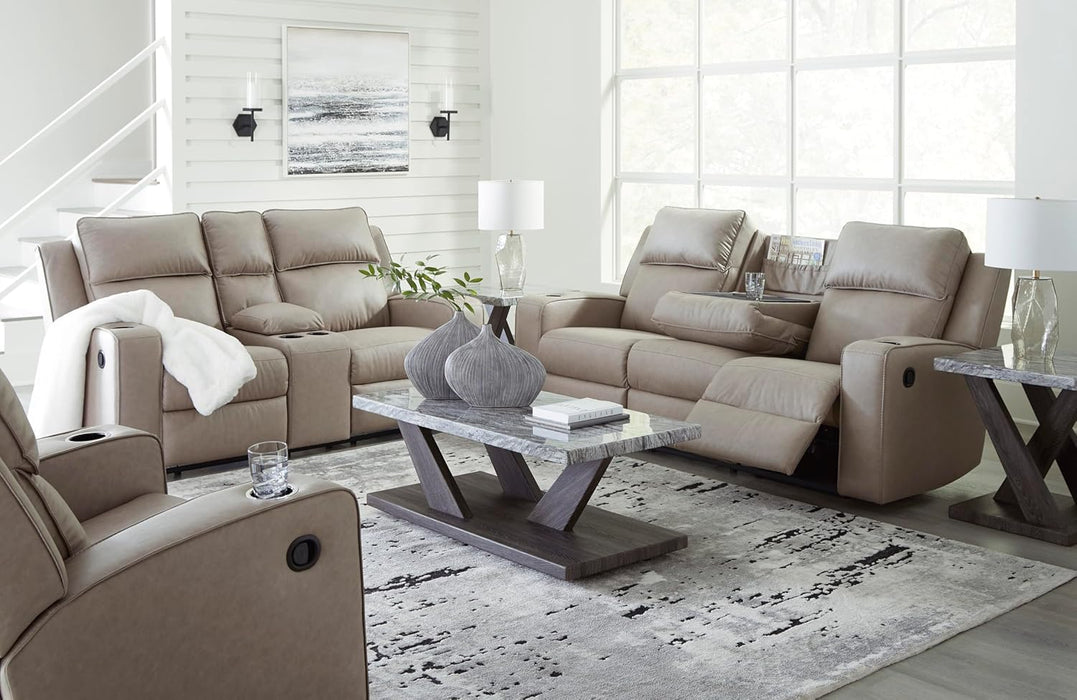 Signature Design by Ashley Lavenhorne Contemporary Faux Leather Manual Reclining Loveseat with Console and Cup Holders, Beige