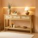 Rattan Console Sofa Table with Outlets and USB-C Port, 3 Drawer Entryway Table with Synthetic Rattan Surface, Open Shelf, behind Couch Entry Foyer Hallway Storage, Natural