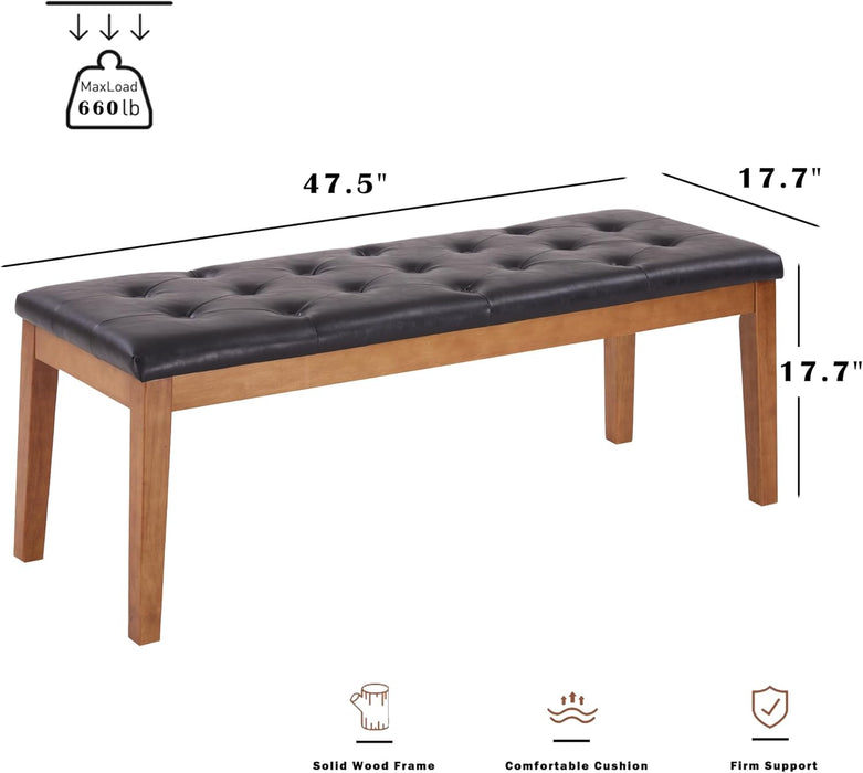 Ottoman Bench Upholstered Padded Seat with Solid Wood Legs and Button-Tufted, Big Oversized Ottoman, Faux Leather Retro Brown