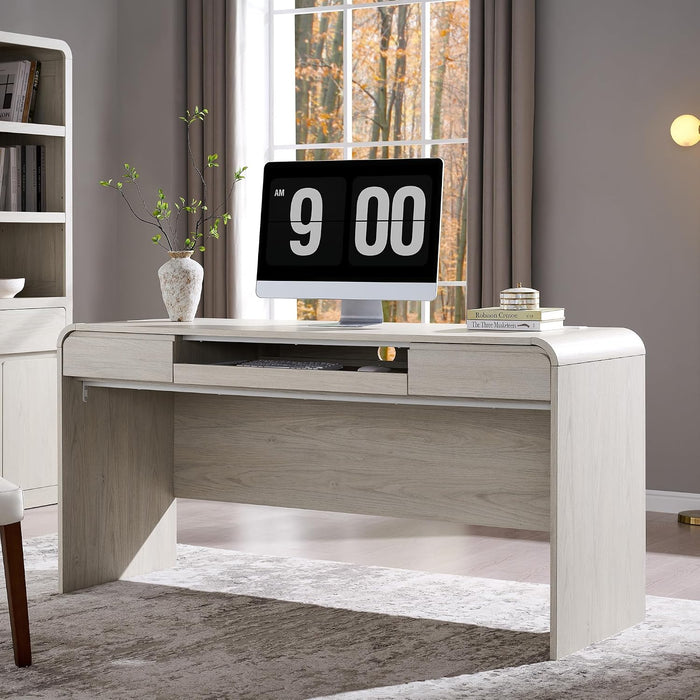 63" Modern Computer Desk with 2 Drawers, Wood Curved (Cream)