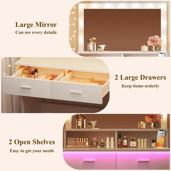 Small Vanity Desk with Mirror and Lights, White Makeup Vanity with Chair, RGB Vanity Table Set with 2 Drawers & Power Outlets & LED Strip, 3 Color Modes & Adjustable Brightness for Women Girls Bedroom