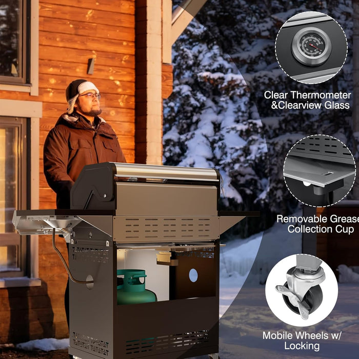 4 Led Burner Propane Gas Grill with Side Burner & & Visual Glass, Stainless Steel Gas Grill with Enameled Cast Iron Grates, 60,000 Btus Output for Outdoor Cooking and Patio Backyard Barbecue