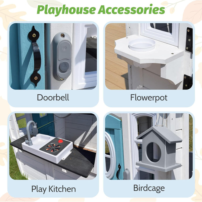 Kids Playhouse Outdoor,Cedar Wooden Play House for Kids Ages 3-8,With Dutch Door, Play Kitchen, Interactive Doorbell, Sink, Flowerpot, Birdcage