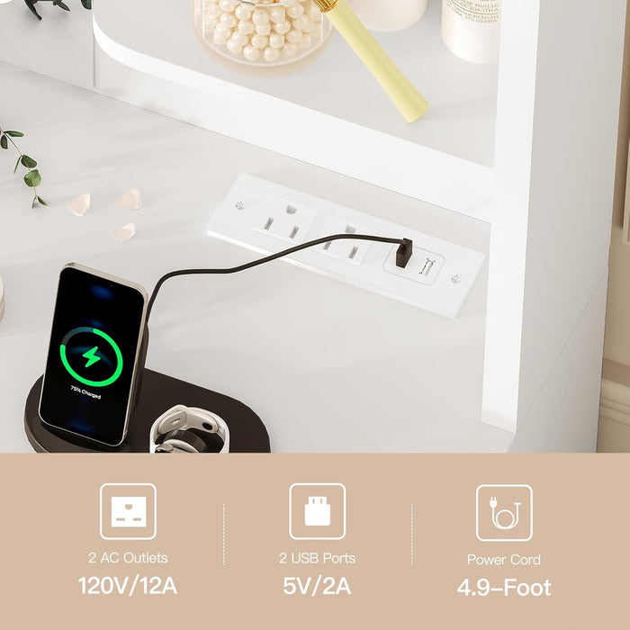 White Vanity Desk With Illuminated Mirror PowerOutlet