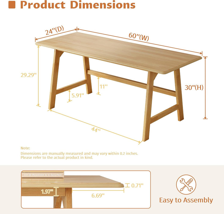 Solid Wood Writing Table - 60" W Minimalist PC Computer Desk, Oak