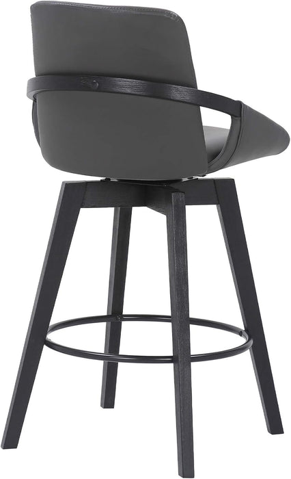 Baylor Mid Century Modern Swivel Bar Stool for Kitchen Island Counter in Gray Faux Leather and Black Wood, 26" Seat Height