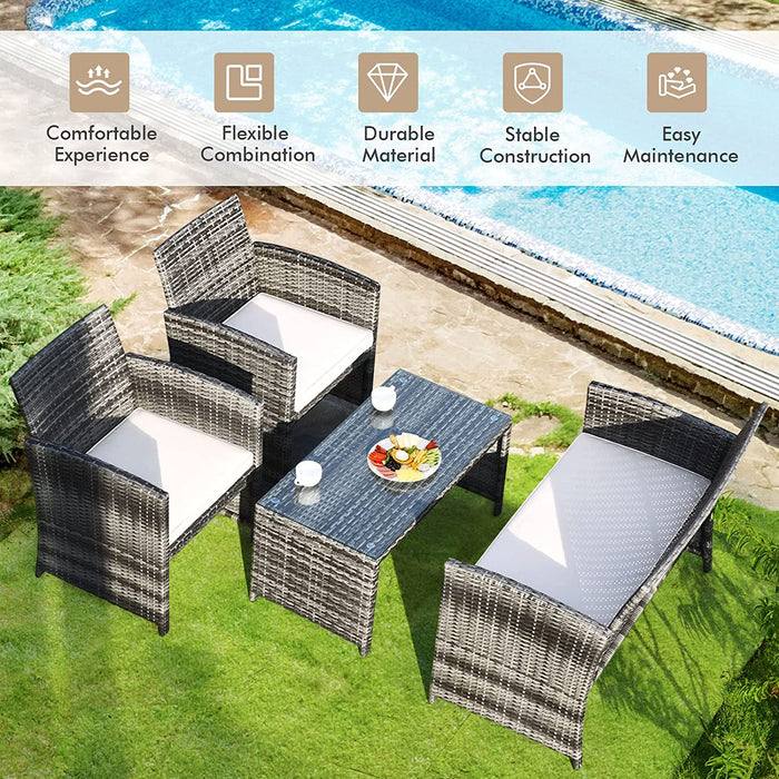 4-Piece Rattan Patio Furniture Set, Outdoor Wicker Conversation Sofa with Weather Resistant Cushions and Tempered Glass Tabletop for Lawn Backyard Pool Garden (Beige)